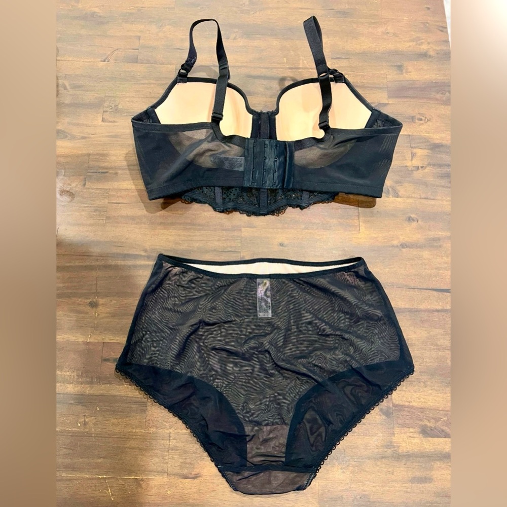 City Chic Long Line Black Lace Bra & High Waist Panty Set - Picture 2 of 6